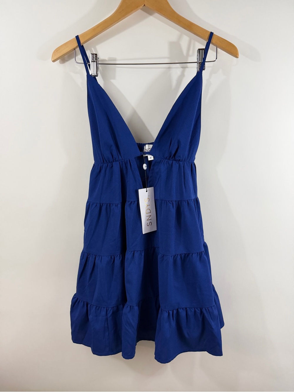 SNDYS Indigo Mini Dress V-Neck Drop Tier Skirt - Royal Blue NWT